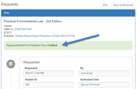 Screen capture of the AccessText Network request fulfilled page.